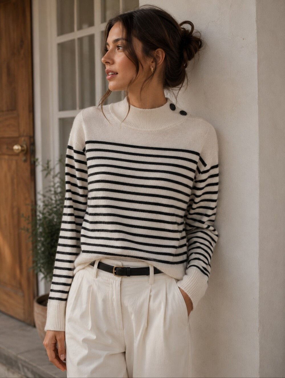 Bloomingdale's Cream and Black Striped Crewneck Sweater